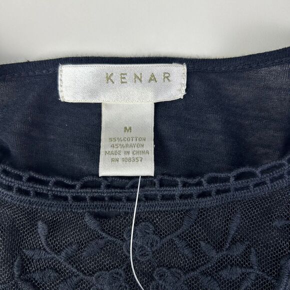 KENAR Black Cotton Blend Cap Sleeve Embroidered Lace Neck Shift Top Size Medium - Picture 4 of 12